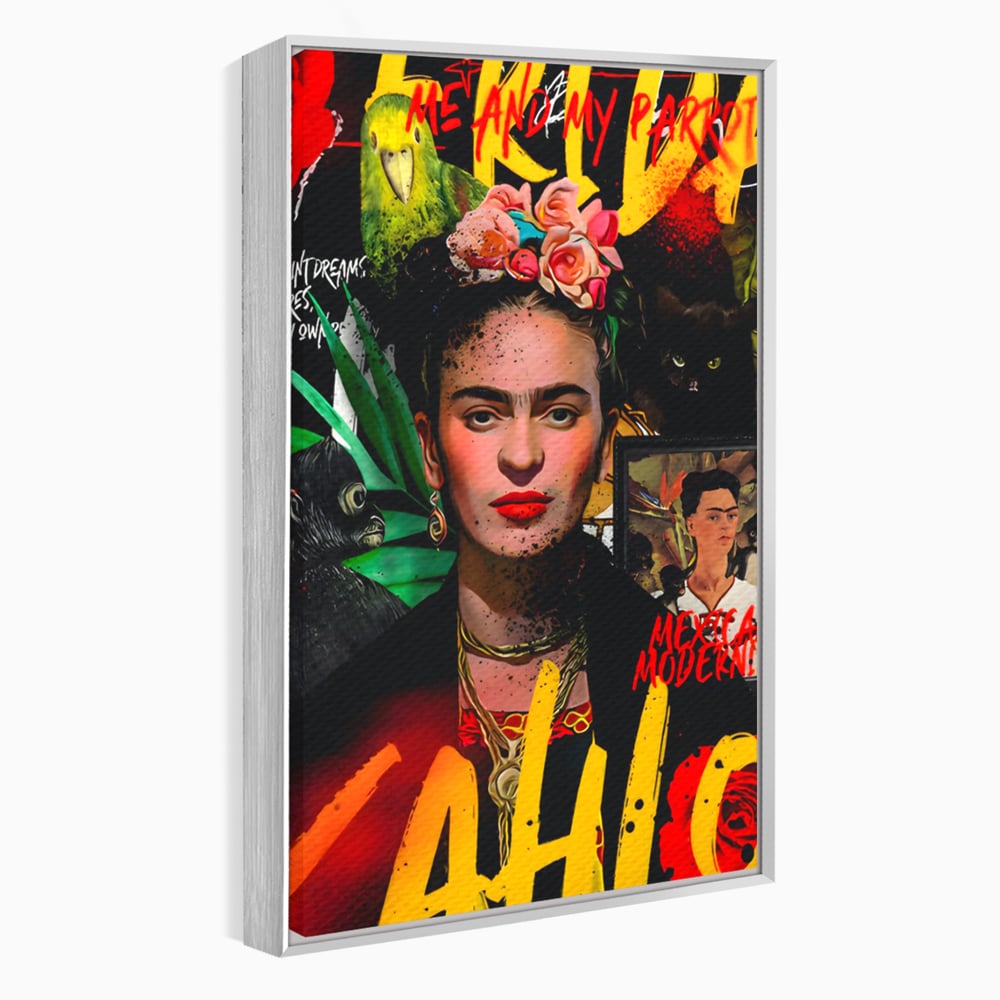 Tablou canvas cu tablou canvas portret frida kahlo, in rama de aluminiu argintiu